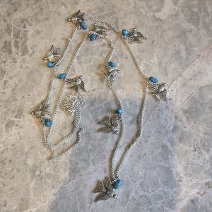 Vintage chain necklace bird charms turquoise‎ beads silver tone